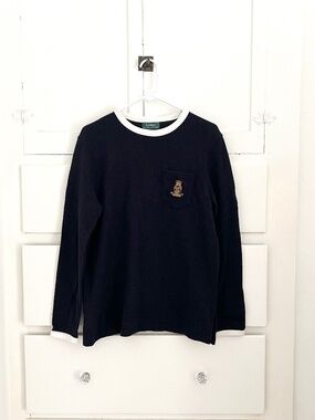 Ralph Lauren Sweater Navy White Collar Logo Pocket Knit Top L